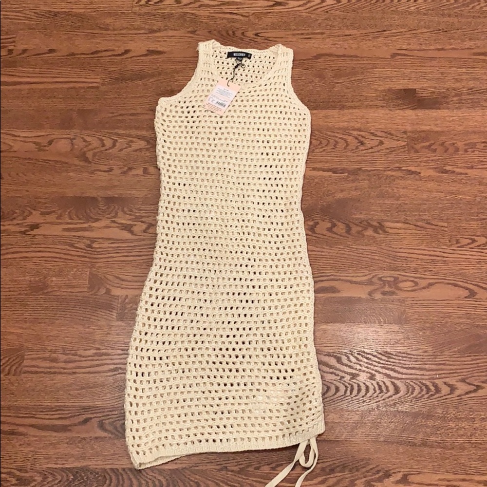 Missguided crochet tie side mini dress in stone